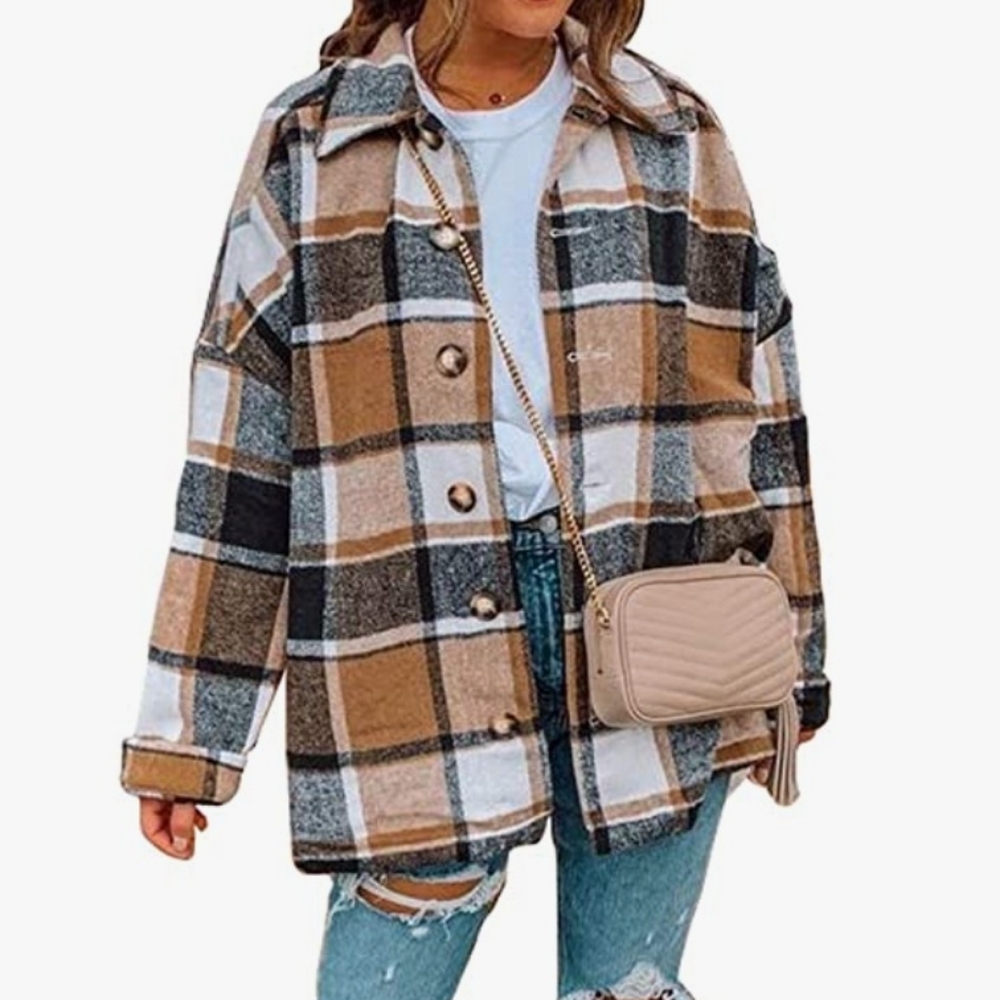 Women's Shacket - Khaki, Cream & Black Pla…